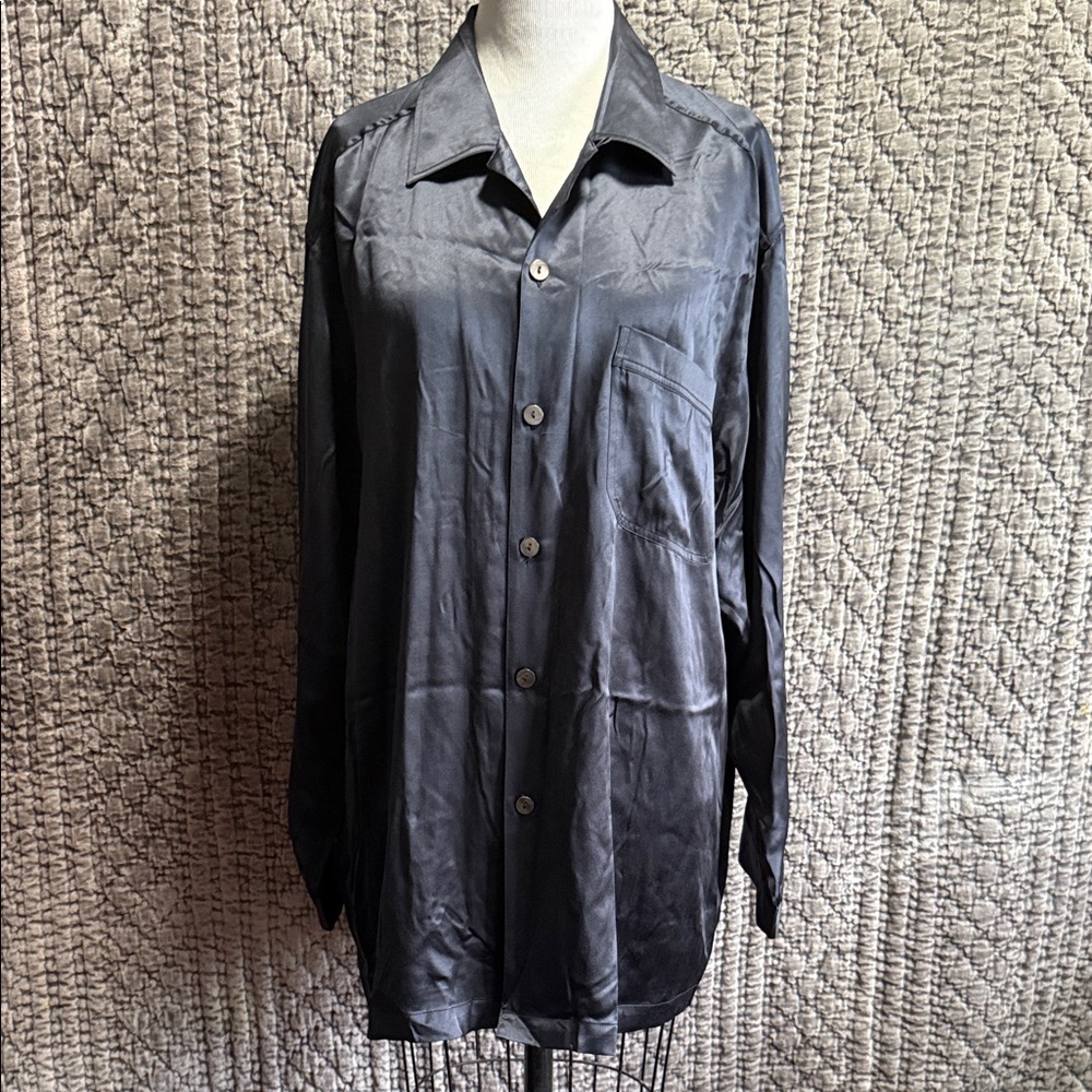 Home Collection Men's Black 100%Silk Satin Pyjamas Shirt